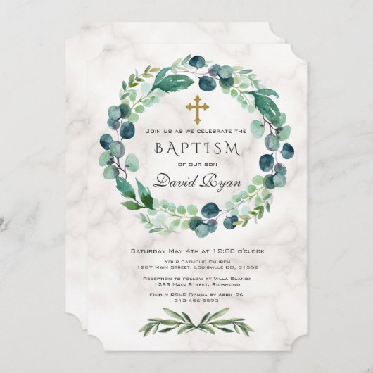 Invitation Eucalyptus Foliage Wreath Cross Marble Boy Baptême (Devant / Derrière)