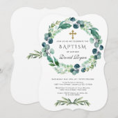 Invitation Eucalyptus Foliage Wreath Gold Cross Boy Baptême g (Devant / Derrière)