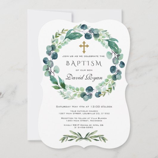 Invitation Eucalyptus Foliage Wreath Gold Cross Boy Baptême g (Devant)