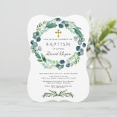 Invitation Eucalyptus Foliage Wreath Gold Cross Boy Baptême g (Debout devant)