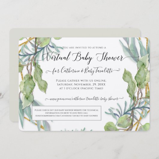 Invitation Eucalyptus Foliage Wreath Virtual Baby Boy Douche (Devant / Derrière)