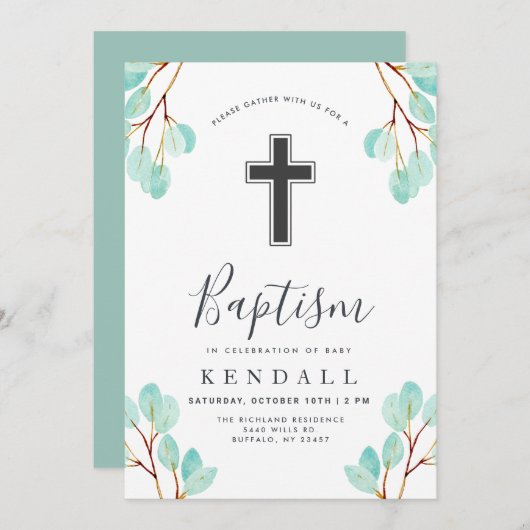 Invitation Eucalyptus frais | Baptême À Thème Vert (Devant / Derrière)