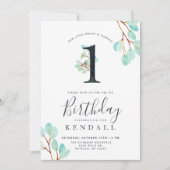Invitation Eucalyptus frais | Vert Thème 1er anniversaire (Devant)