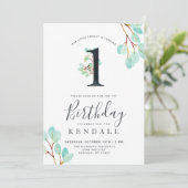 Invitation Eucalyptus frais | Vert Thème 1er anniversaire (Debout devant)