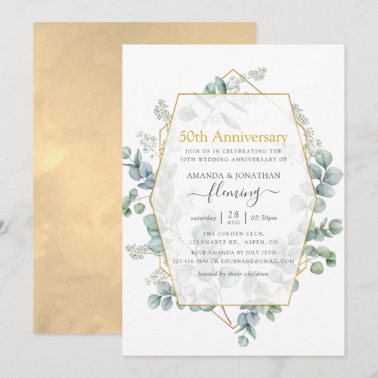 Invitation Eucalyptus Géométrique 50e Anniversaire de Mariage (Devant / Derrière)