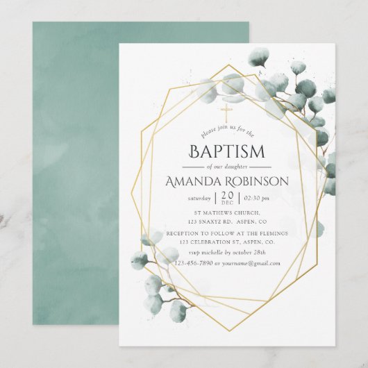 Invitation Eucalyptus géométrique baptême (Devant / Derrière)