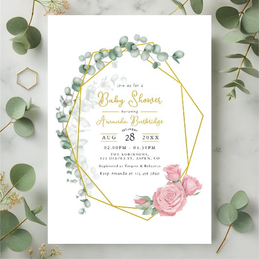 Invitation Eucalyptus géométrique Or & Roses Rose Baby shower