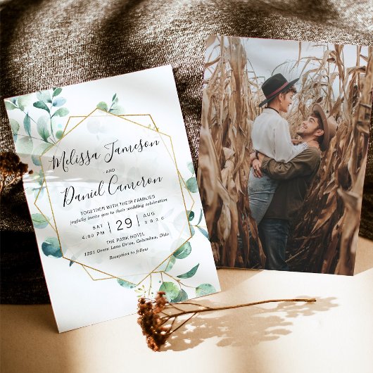 Invitation Eucalyptus géométrique vert avec photo