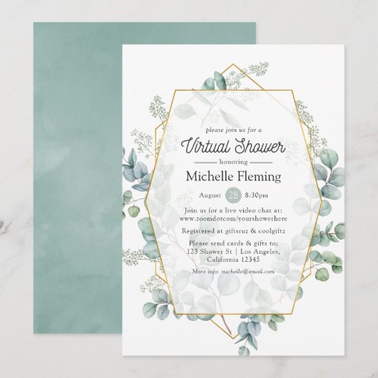 Invitation Eucalyptus géométrique Virtual Baby ou Fête des ma (Devant / Derrière)