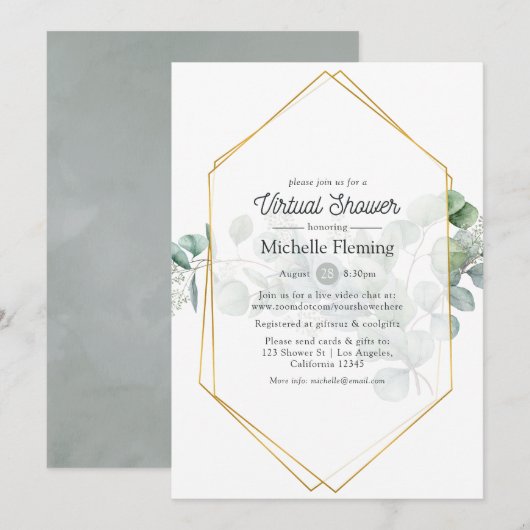 Invitation Eucalyptus Géométrique Virtual Bride ou Baby showe (Devant / Derrière)