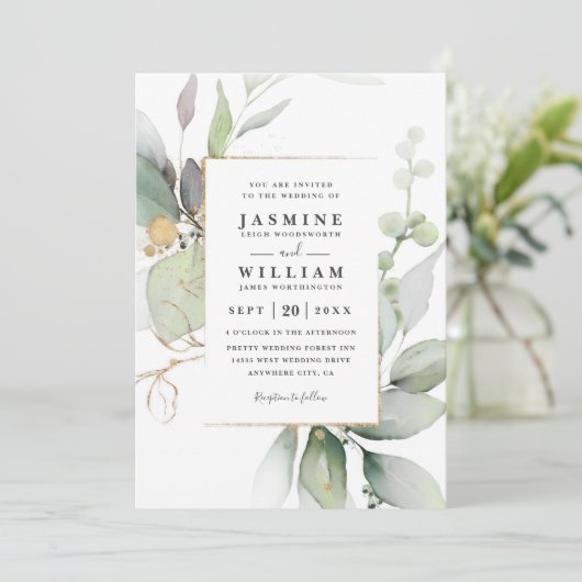Invitation Eucalyptus Glow Gold Greenery QR Code Wedding (Debout devant)