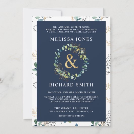 Invitation Eucalyptus Gold Ampersand QR Code Marine Mariage (Devant)