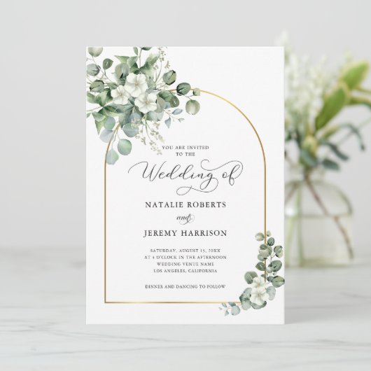 Invitation Eucalyptus Gold Arch QR Code tout en un Mariage (Debout devant)