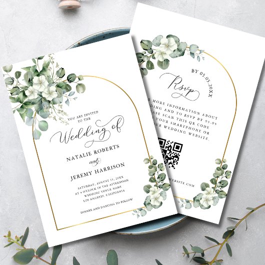 Invitation Eucalyptus Gold Arch QR Code tout en un Mariage