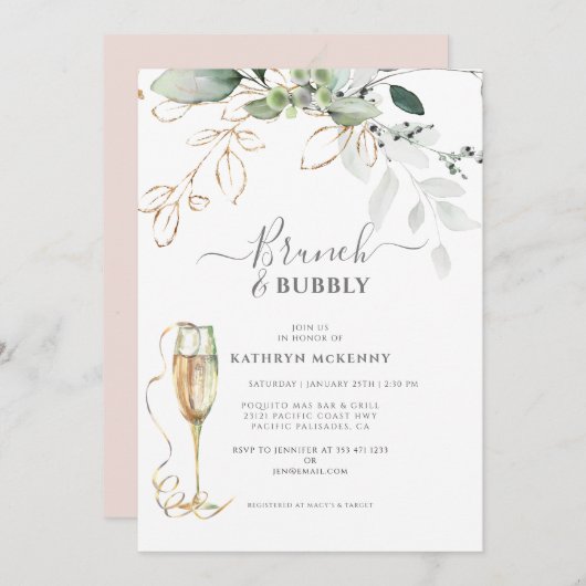 Invitation Eucalyptus Gold Blush Fête des mariées rose (Devant / Derrière)
