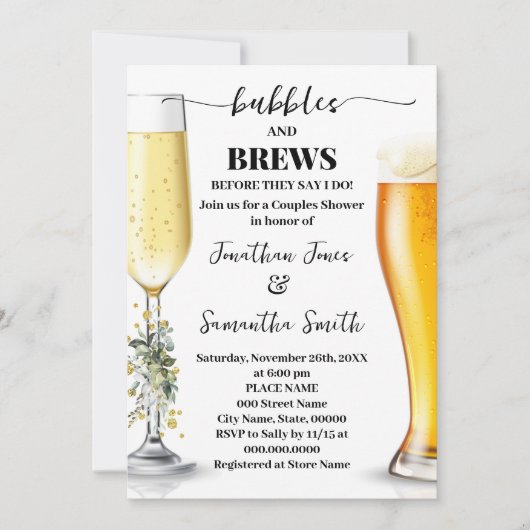Invitation Eucalyptus & Gold Bubbles and Brews Couples Douche (Devant)