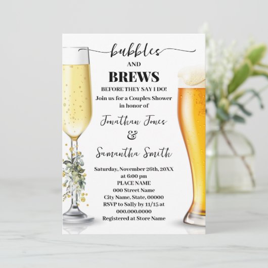 Invitation Eucalyptus & Gold Bubbles and Brews Couples Douche (Debout devant)