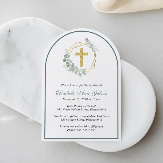Invitation Eucalyptus Gold Cross Photo Arch Baptême