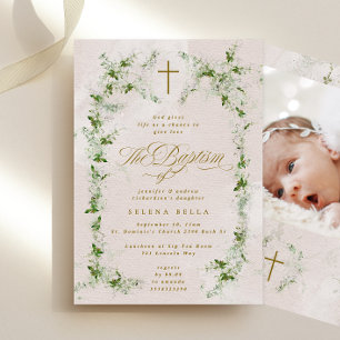 Invitation Eucalyptus Gold Cross Wreath Girl Baptism Photo