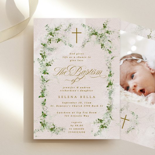 Invitation Eucalyptus Gold Cross Wreath Girl Baptism Photo