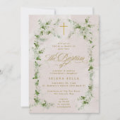 Invitation Eucalyptus Gold Cross Wreath Girl Baptism Photo (Devant)