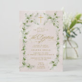 Invitation Eucalyptus Gold Cross Wreath Girl Baptism Photo (Debout devant)