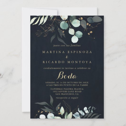 Invitation Eucalyptus Gold Floral Bleu Mariage espagnol (Devant)