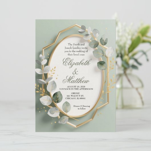 Invitation Eucalyptus Gold Geometric Frame Wedding Invite (Debout devant)