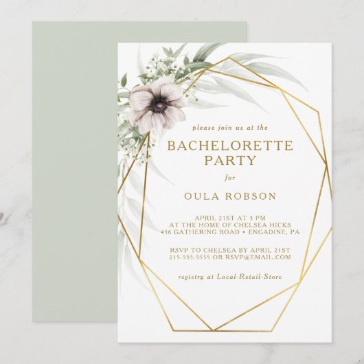 Invitation Eucalyptus Gold Géométrique Bachelortie (Devant / Derrière)