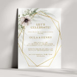 Invitation Eucalyptus Gold Géométrique Célébrons<br><div class="desc">Cette invitation géométrique en or d'eucalyptus est parfaite pour votre soirée de fiançailles boho élégante. Il est conçu avec de simples fleurs d'anémones bohémiennes blanches et violettes, des feuilles de sauge à l'aquarelle simpliste et des cadres d'hiver modernes en feuille d'or. Avec son mélange de fleurs blanches et de verdure...</div>