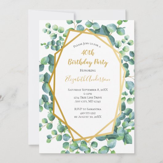Invitation Eucalyptus Gold Greenery Fête d'anniversaire pour  (Devant)
