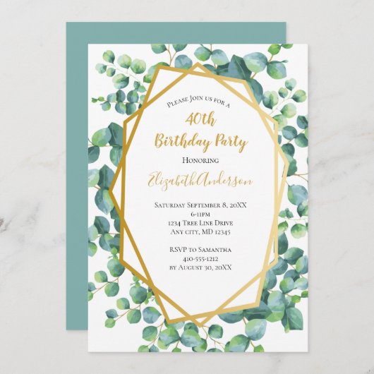 Invitation Eucalyptus Gold Greenery Fête d'anniversaire pour (Devant / Derrière)