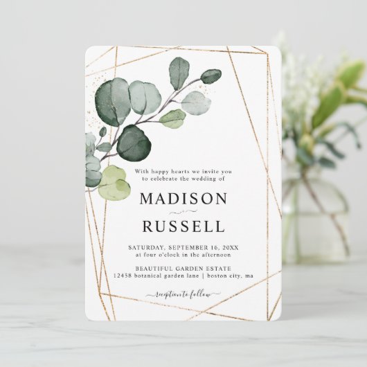 Invitation Eucalyptus Gold Greenery Mariage (Debout devant)