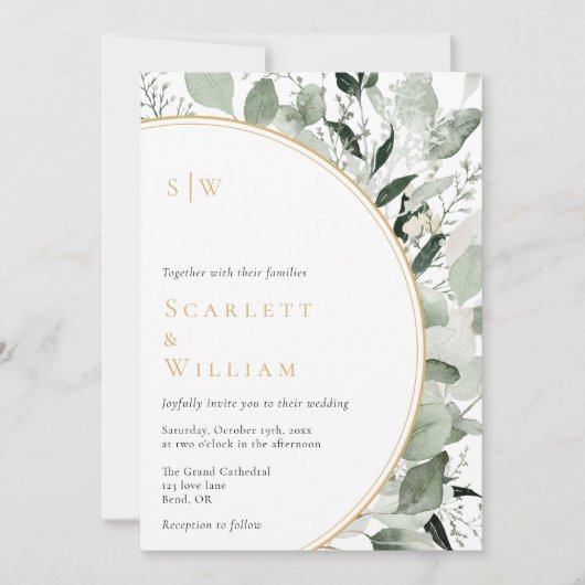 Invitation Eucalyptus Gold Moderne Monogramme Mariage tout en (Devant)