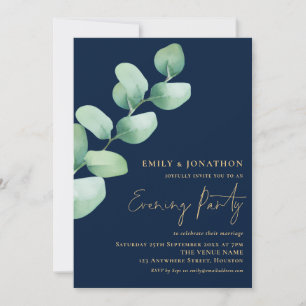 Invitation Eucalyptus Gold Navy Blue Mariage soirée