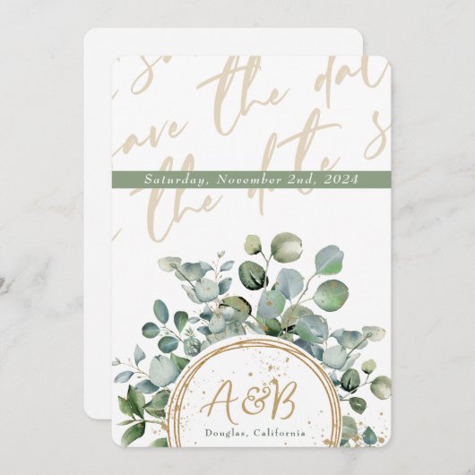 Invitation Eucalyptus Gold Parties scintillant - Vert - Enreg (Devant / Derrière)
