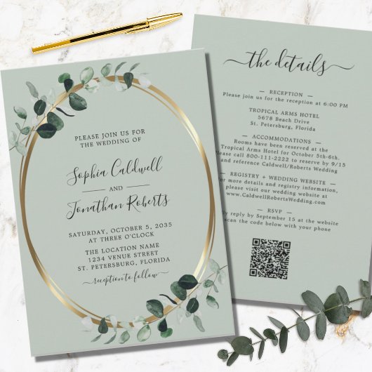 Invitation Eucalyptus Gold Sage All in One Détails Mariage