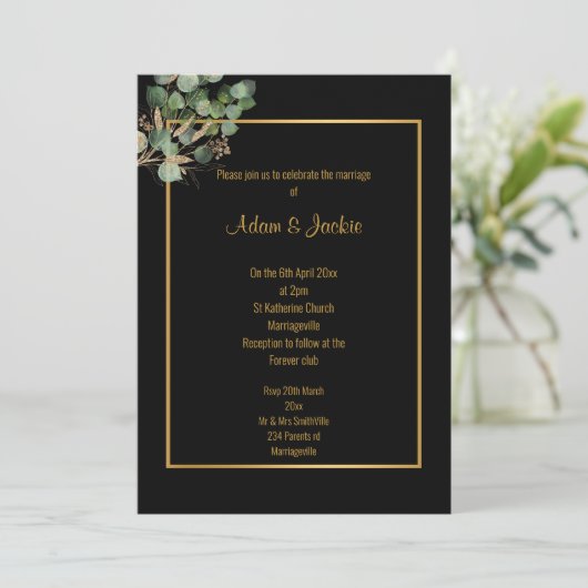 INVITATION EUCALYPTUS GOLD TRIM ÉLÉGANT MARIAGE 2 (Debout devant)