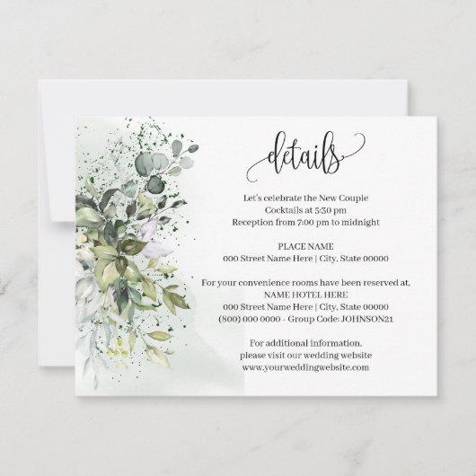 Invitation Eucalyptus Green Détails du Mariage Insérer une ca (Devant)