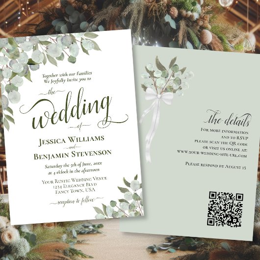 Invitation Eucalyptus & Green Elegant QR Code Mariage