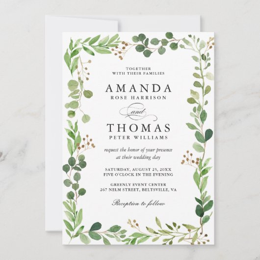 Invitation Eucalyptus Green Feuille Bordure Cadre chic Mariag (Devant)