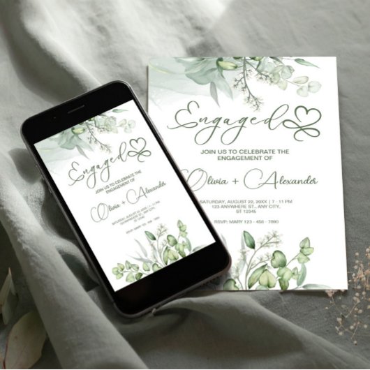 Invitation Eucalyptus Green Fiançailles Card, Mariage unique