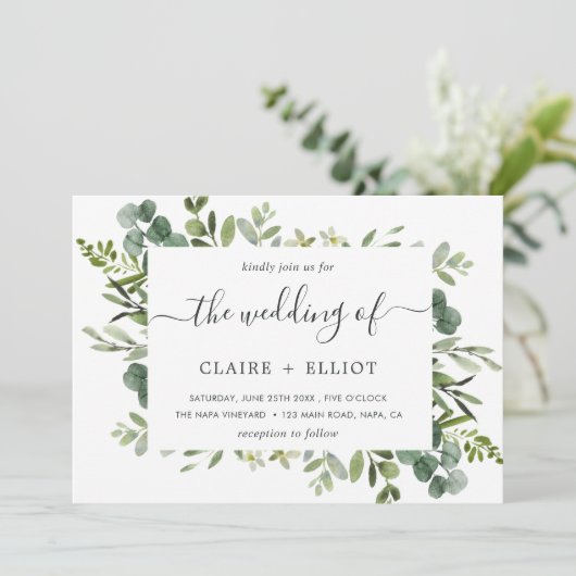 Invitation Eucalyptus Green Foliage Rectangle Mariage cadre (Debout devant)
