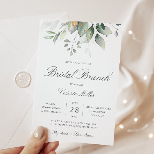 Invitation Eucalyptus Green Gold Feuille Bridal Brunch