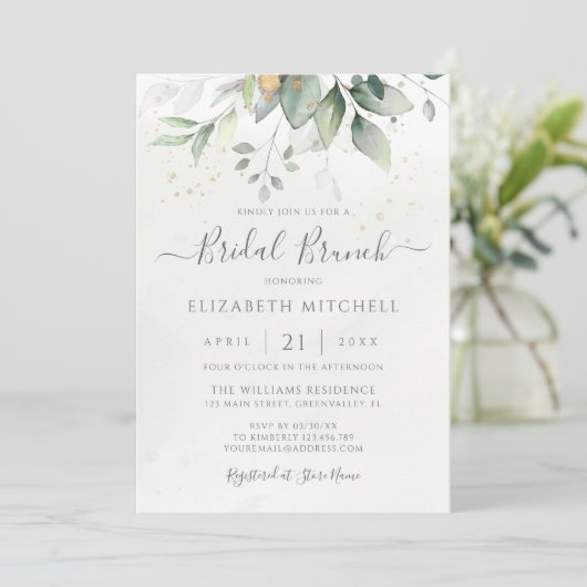 Invitation Eucalyptus Green Gold Feuille Bridal Brunch (Debout devant)