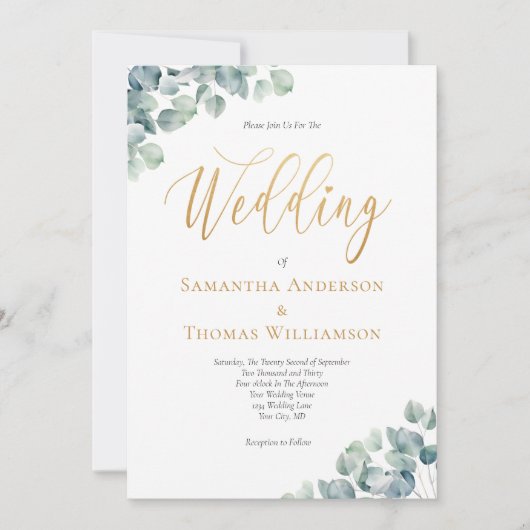 Invitation Eucalyptus Green Gold Script Mariage élégant (Devant)