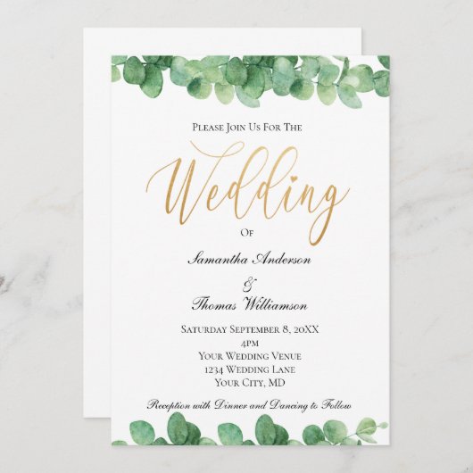 Invitation Eucalyptus Green Gold Script Mariage élégant (Devant / Derrière)