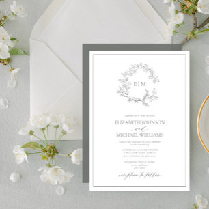 Invitation Eucalyptus Green Leafer Crest Monogram Mariage