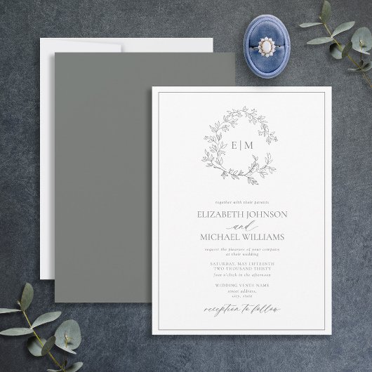 Invitation Eucalyptus Green Leafer Crest Monogram Mariage