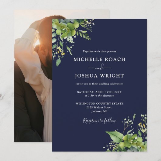 Invitation Eucalyptus Green Mariage photo bleu marine (Devant / Derrière)